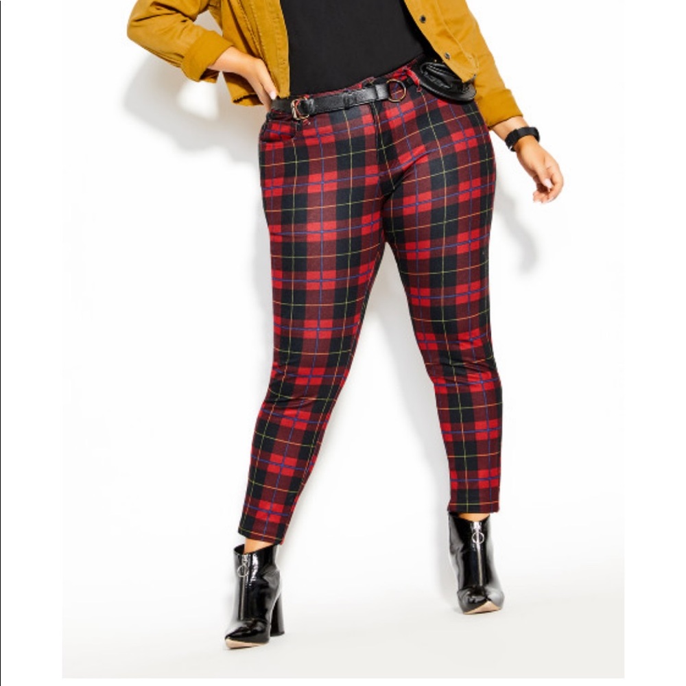 City Chic London Red plaid pants, size 16/S, ponte-like fabric